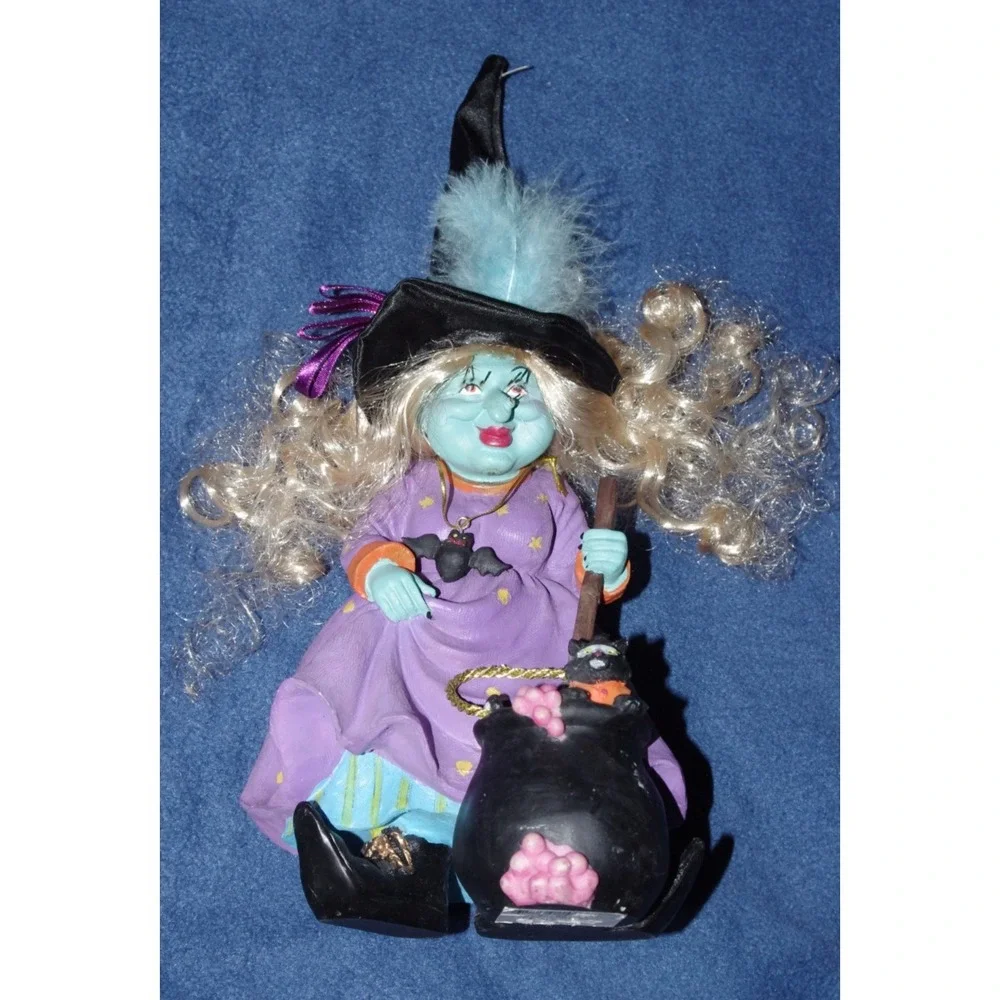 Vintage Rare HTF Novelty Halloween Witch Decor Blue Face Unique Cat Bat Cauldron